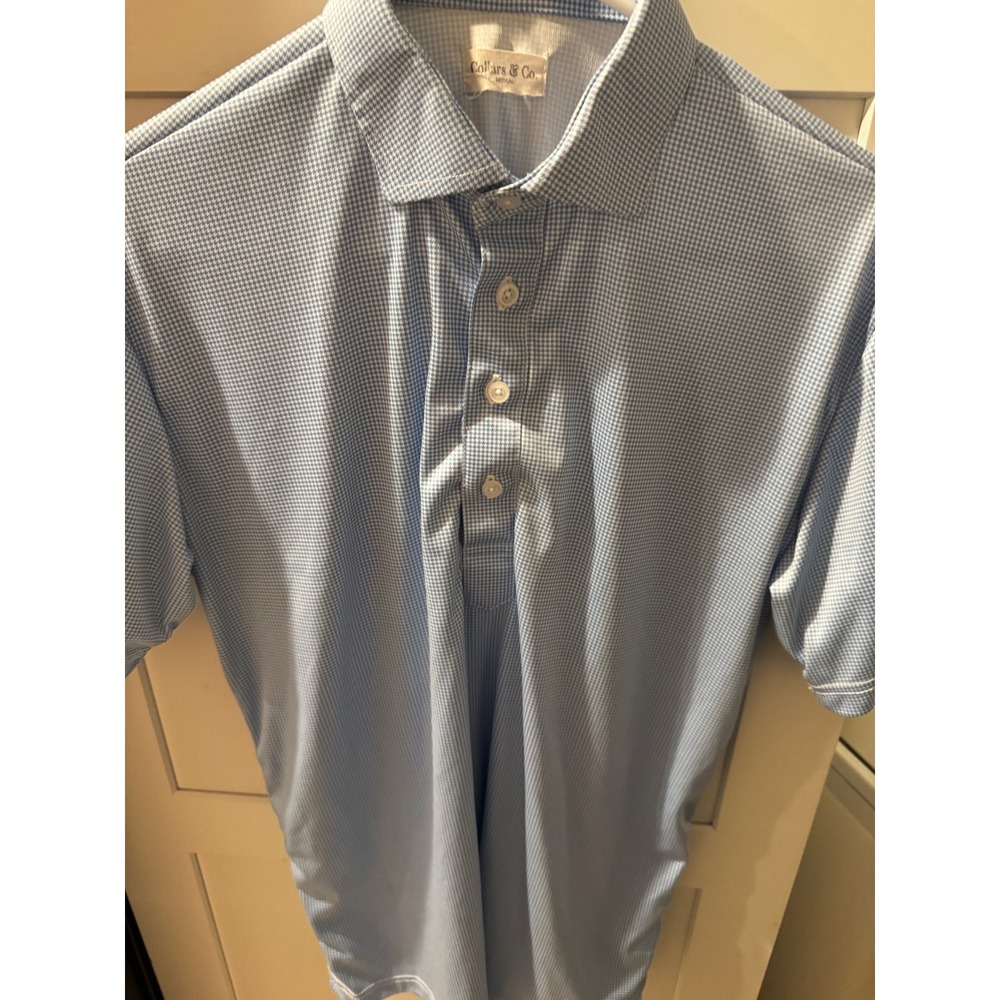 Collars & Co Mens Medium Blue Gingham Performance Polo Shirt